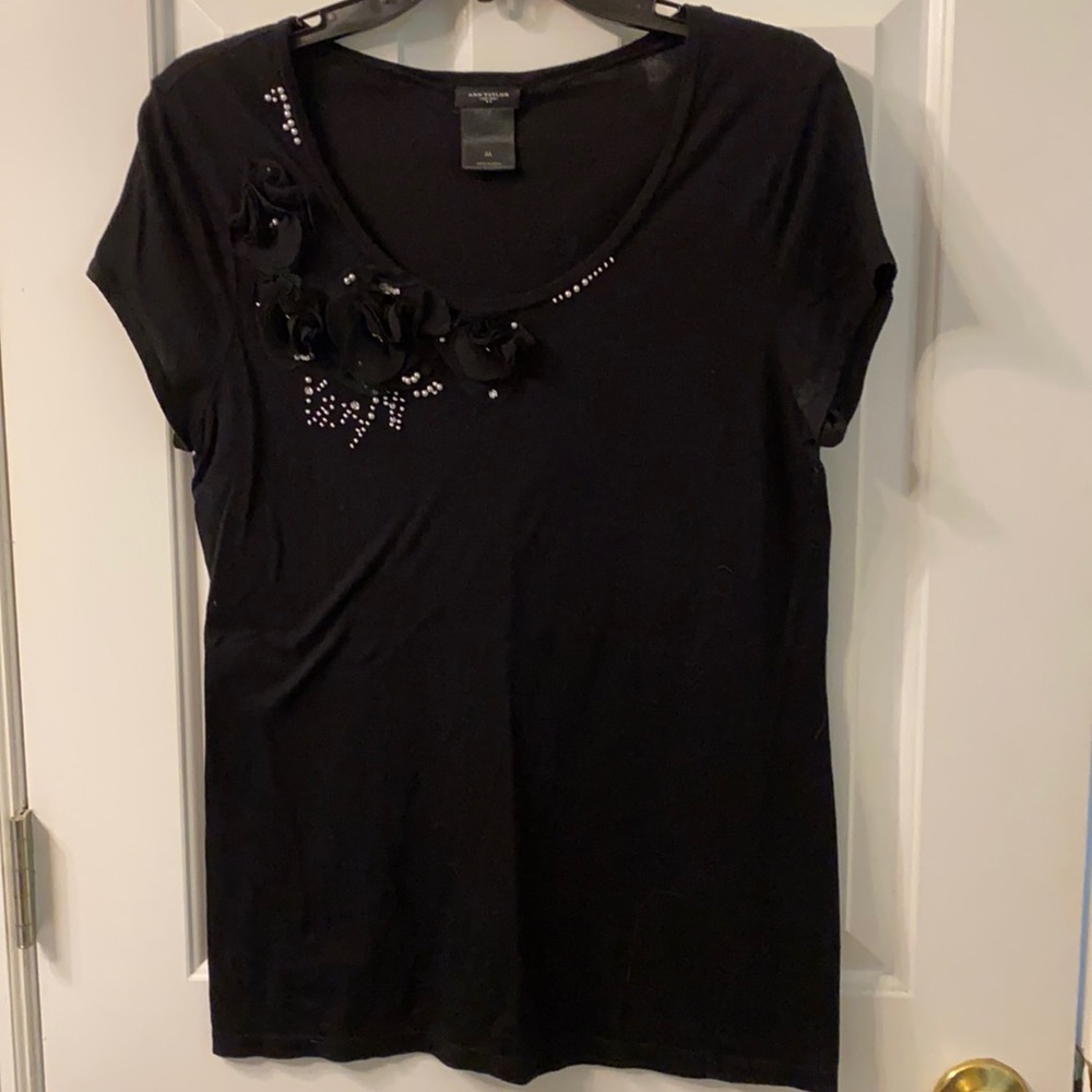 Ann Taylor black top with flower and bead detail